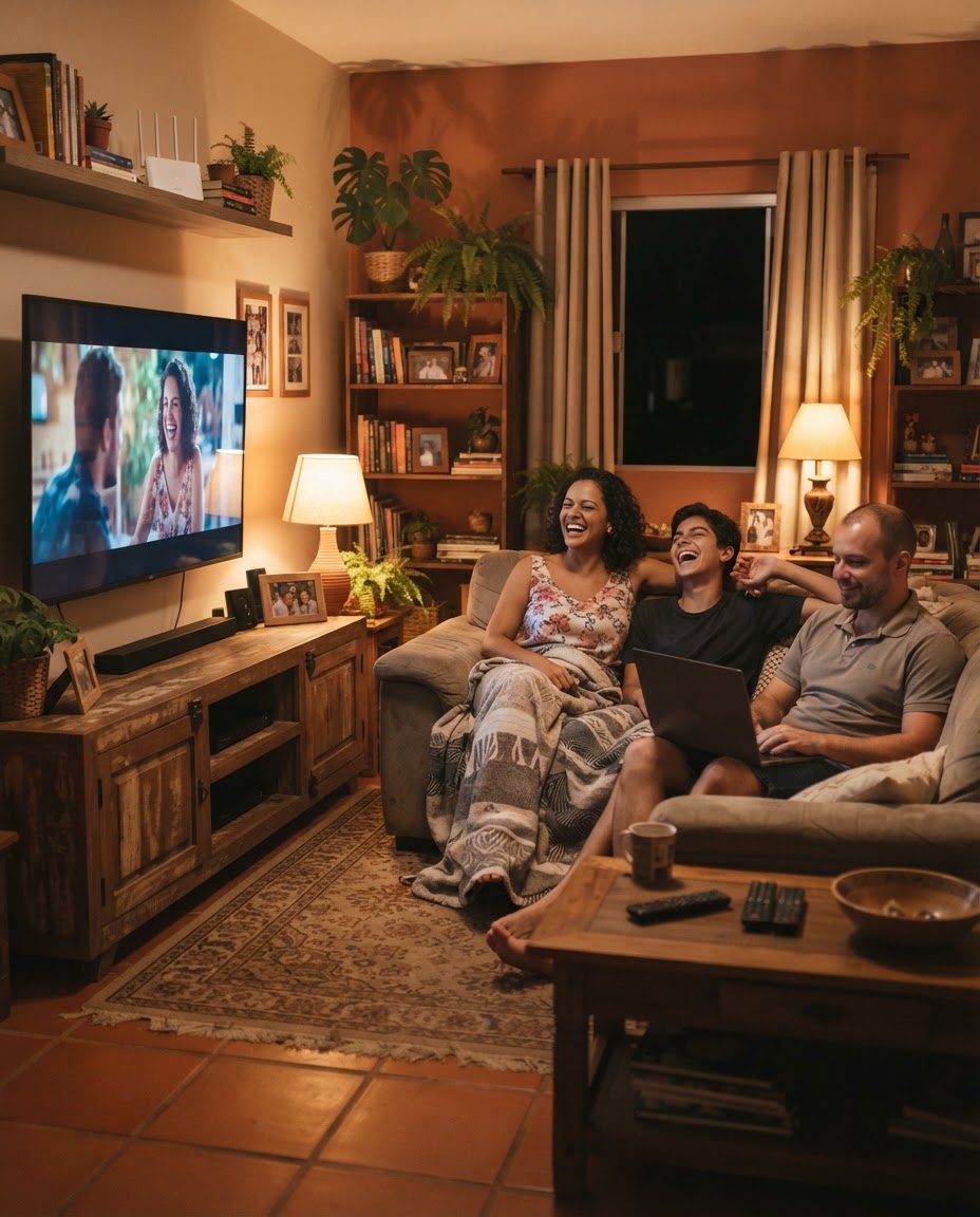 Família usando a internet fibra da Fiv5 Stream